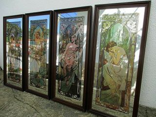 Art Nouveau / Jungendstil Alphonse Mucha Rare Mirror Painted Fases Of The Day