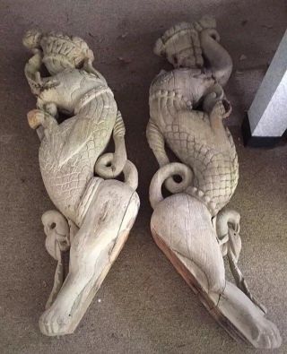 Large Pair Hand Carved Wooden Corbels India Elephant/bird Make Offer