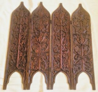 Old Antique Gothic Folding 4 Sectioned Carved Oak Wooden Fire Screen