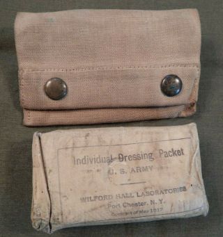 Wwi U.  S.  Army First Aid Belt Pouch Dated 1917 & Wwi Dressing Packet Dated 1917