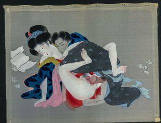 Japanese Shunga Erotic Painting On Silk