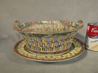 Antique Chinese Export Rose Medallion Chestnut Basket / Bowl With Under Plate