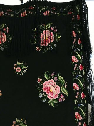 Vintage Chinese Black Silk Double Sided Hand - Embroidered Floral Piano Shawl 10