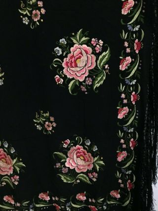 Vintage Chinese Black Silk Double Sided Hand - Embroidered Floral Piano Shawl 12
