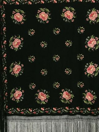 Vintage Chinese Black Silk Double Sided Hand - Embroidered Floral Piano Shawl 2