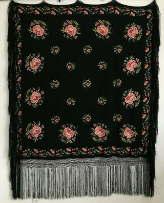 Vintage Chinese Black Silk Double Sided Hand - Embroidered Floral Piano Shawl 3