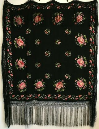 Vintage Chinese Black Silk Double Sided Hand - Embroidered Floral Piano Shawl 9