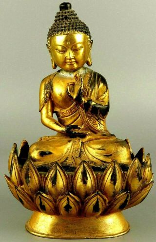 Rare Chinese Copper Buddha Figure Sitting On Lotus Flower Hundreds Of Years Old