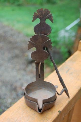 Early Antique Primitive Iron Double Betty Grease Fat Whale Oil Lamp Light