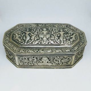 Antique Sri Lankan Silver Table Snuff Box,  Animals,  Repousse Late 19th C.