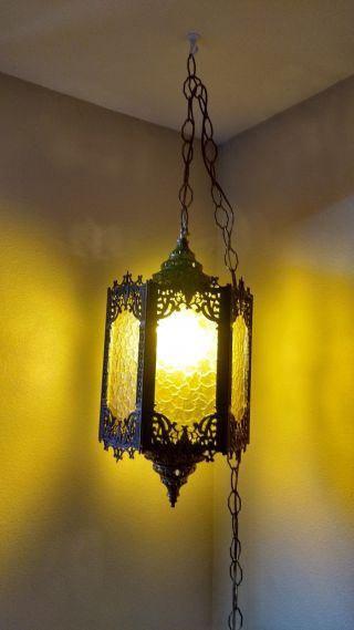 1970 Vintage Gothic Medieval Spanish Hanging Lamp Swag Amber Acrylic Lenses