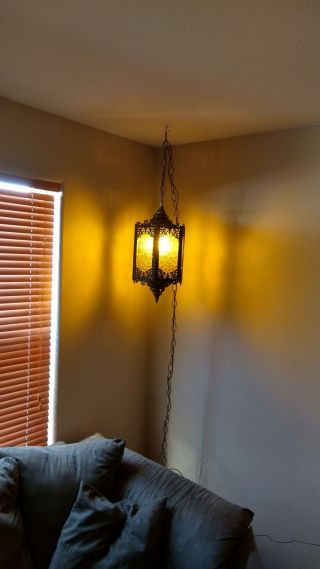 1970 VINTAGE GOTHIC MEDIEVAL SPANISH HANGING LAMP SWAG Amber acrylic lenses 2