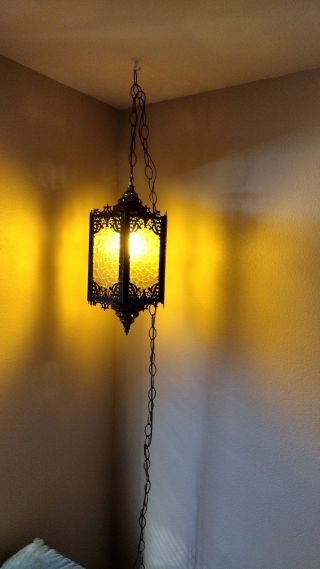 1970 VINTAGE GOTHIC MEDIEVAL SPANISH HANGING LAMP SWAG Amber acrylic lenses 3
