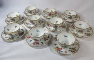 10 Hand - Painted Floral Dresden Double Handled Boullion Cups & Saucers Gold