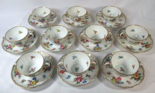 10 HAND - PAINTED FLORAL DRESDEN DOUBLE HANDLED BOULLION CUPS & SAUCERS GOLD 2