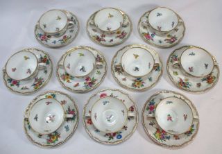 10 HAND - PAINTED FLORAL DRESDEN DOUBLE HANDLED BOULLION CUPS & SAUCERS GOLD 3