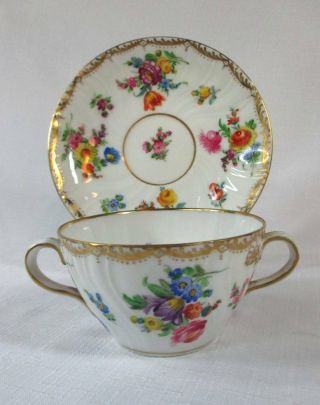 10 HAND - PAINTED FLORAL DRESDEN DOUBLE HANDLED BOULLION CUPS & SAUCERS GOLD 4