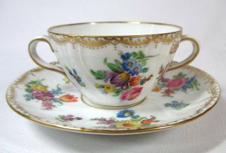 10 HAND - PAINTED FLORAL DRESDEN DOUBLE HANDLED BOULLION CUPS & SAUCERS GOLD 5