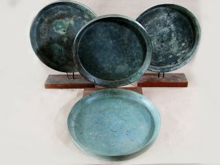 & Most Rare 4 Ancient Bronze Dish With 3 Wood Stand Large Size