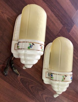 Vintage Pair Vaseline? Glass Slip Shade Porcelain Wall Sconce Light Fixture
