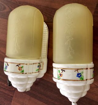 Vintage Pair Vaseline? Glass Slip Shade Porcelain Wall Sconce Light Fixture 2