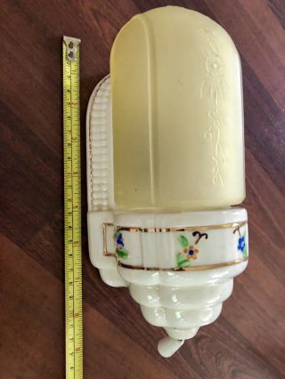 Vintage Pair Vaseline? Glass Slip Shade Porcelain Wall Sconce Light Fixture 4
