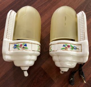 Vintage Pair Vaseline? Glass Slip Shade Porcelain Wall Sconce Light Fixture 7