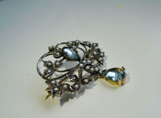 old Russian Faberge design 84 Silver and 56 Gold Brooch with Diamonds & Pearls 5