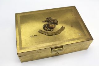 Vintage Gold Tone Usmc Marine Corp Metal Velvet Lined Jewelry Box With Emblem