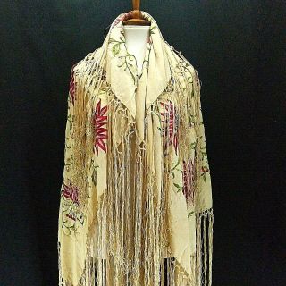 Huge Antique Embroidered Piano Shawl,  Silk Hand Knotted 18 " Fringe,  46 " X 52 "