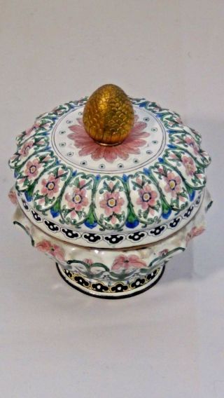 Antique 19c Chinese Enamelled Copper Accorn Style Gold Finial Lotus Form Jar