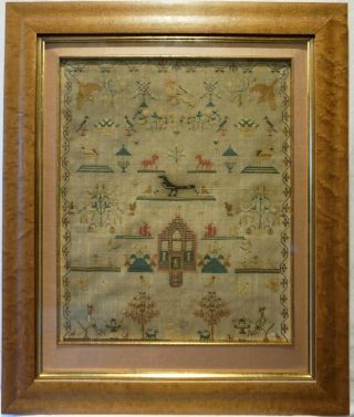 Early 19th Century House,  Figures & Motif Sampler By Mary Gurney Aged 9 - C.  1835