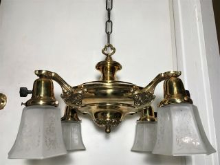Antique C1910 Brass Pan Chandelier Vtg 4 Arm Arts & Crafts Ceiling Light Fixture