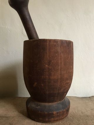 Large Chunky Early Antique Wooden Hand Carved Mortar & Pestle Patina Aafa