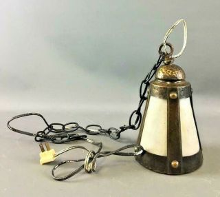 Antique Arts And Crafts Pendant Light Hammered Brass Slag Glass Lamp Mission Vtg