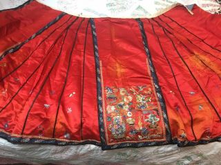 red antique Chinese Silk Skirt,  Embroidered Birds,  Flowers Stunning 10