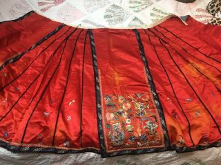 Red Antique Chinese Silk Skirt,  Embroidered Birds,  Flowers Stunning