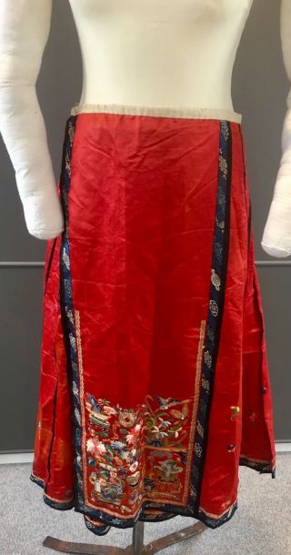 red antique Chinese Silk Skirt,  Embroidered Birds,  Flowers Stunning 6