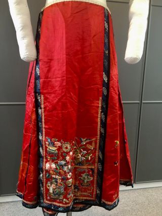 red antique Chinese Silk Skirt,  Embroidered Birds,  Flowers Stunning 8