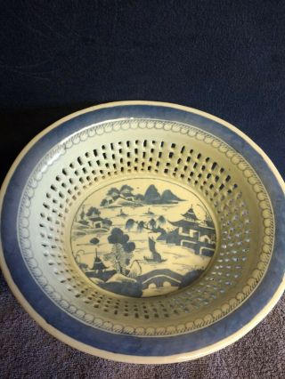 19th C.  Antique Chinese Blue Canton Reticulated Fruit Bowl,  C.  1840