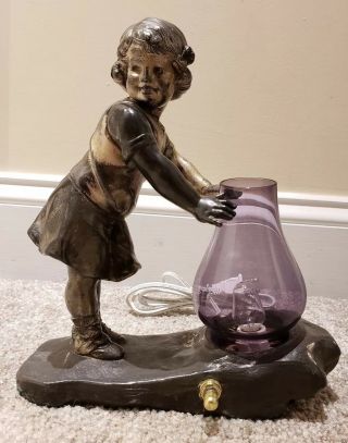 Antique Cast Metal Deco Figural Young Girl Table Lamp With Amethyst Glass Shade