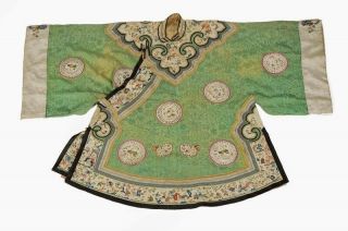 Embroidered Green Silk Robe With Medaillions - Very Ornate - 19th Century China