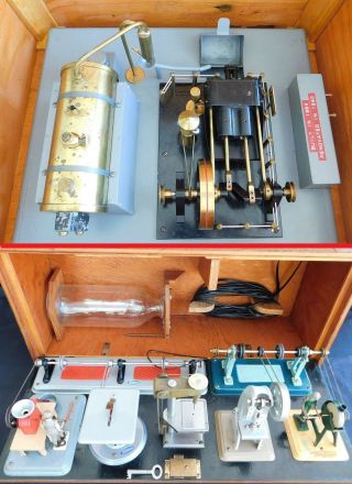 Twin Cylinder Brass Steam Engine Model Toy W/ 7 Machine Shop Tools Accessories