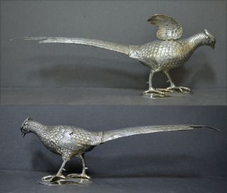 1.  2kg Heavy Unusual Pair Marked Spanish Solid Silver Articulated Pheasants Hunt