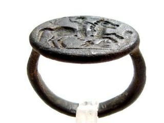 Greek - Thracian Huge Bronze Seal Ring W/ Horseman And Dog Hunting Scene,