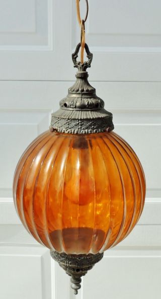 Vintage Mid Century Amber Glass Swag Chandelier Gothic Hanging Lamp Light 5376 2