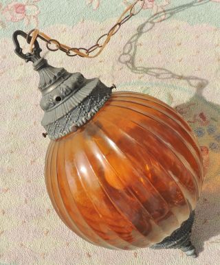 Vintage Mid Century Amber Glass Swag Chandelier Gothic Hanging Lamp Light 5376 3