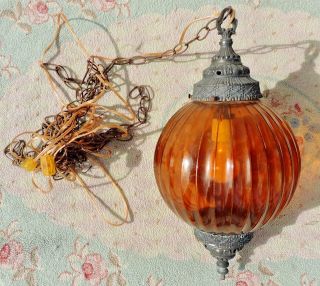 Vintage Mid Century Amber Glass Swag Chandelier Gothic Hanging Lamp Light 5376 4