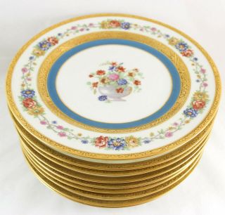 SET (S) 4 DINNER PLATES HAVILAND LIMOGES TURQUOISE GOLD ENCRUSTED FLOWERS 10