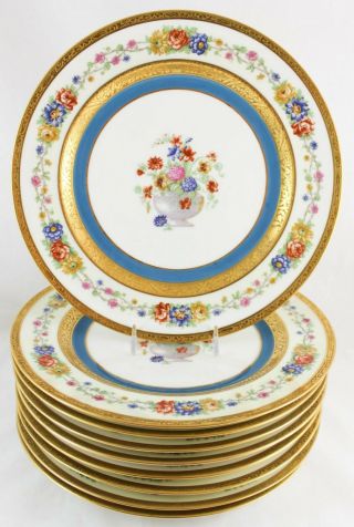 Set (s) 4 Dinner Plates Haviland Limoges Turquoise Gold Encrusted Flowers